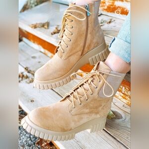 Bella Marie Beige Lace-Up Combat Ankle Boots